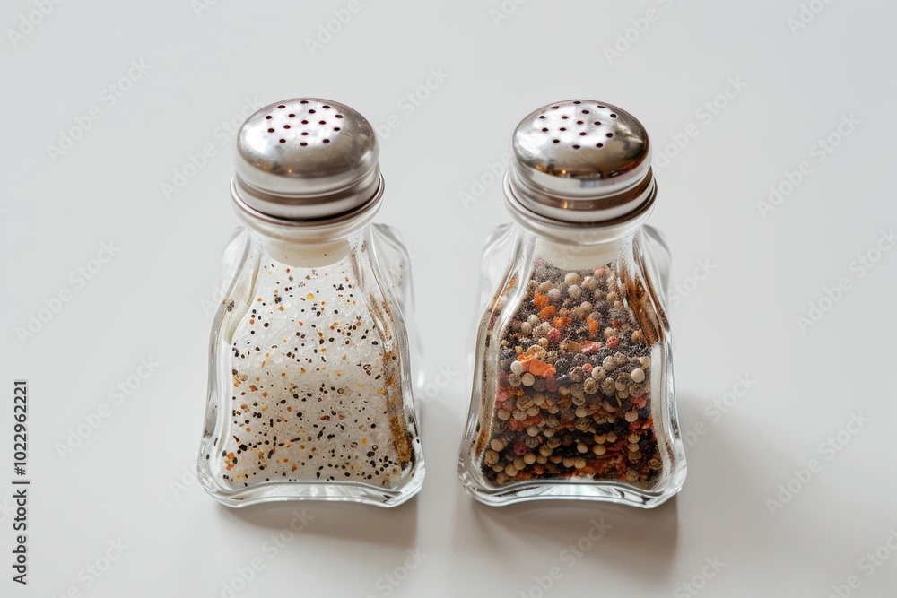Salt and pepper shakers filled with seasoning on a white surface Salt and pepper shakers filled with seasoning on a white surface