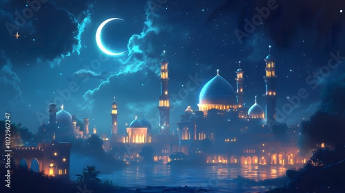 A mosque illuminated by the crescent moon during Ramadan, with glowing minarets and domes creating an enchanting atmosphere