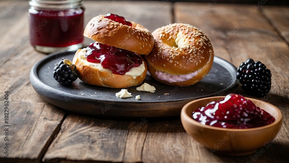 Set of fresh bread bagels with berry jam and cheese cream. Bagels layered with jam and cream cheese Set of fresh bread bagels with berry jam and cheese cream. Bagels layered with jam and cream cheese