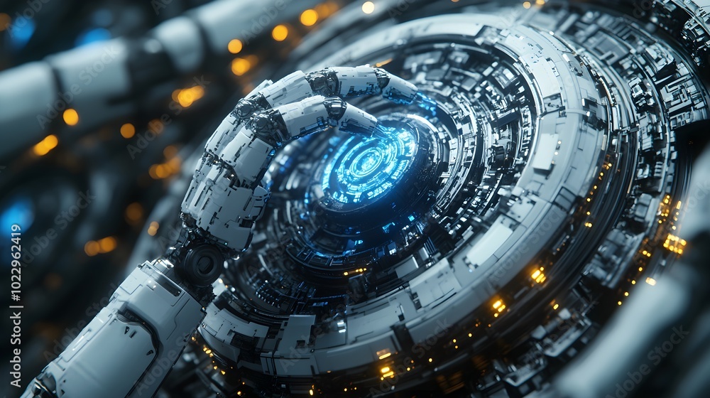 Close-up of robotic arms in a circular assembly line, assembling intricate tech gadgets, glowing blue light reflecting off metallic surfaces, Sci-fi, 3D rendering Close-up of robotic arms in a circular assembly line, assembling intricate tech gadgets, glowing blue light reflecting off metallic surfaces, Sci-fi, 3D rendering