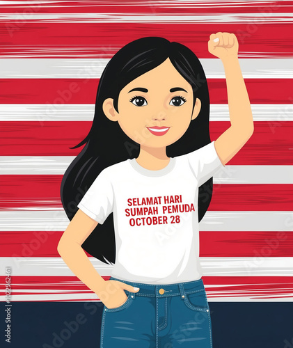 Young Asian girl clenches her fist for Indonesian Sumpah Pemuda Day