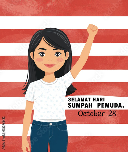 Young Asian girl clenches her fist for Indonesian Sumpah Pemuda Day