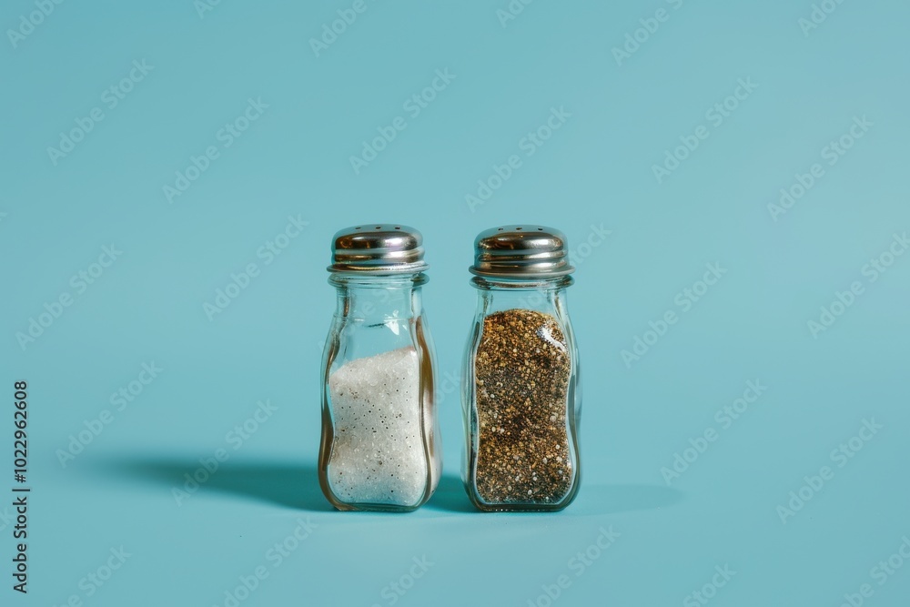 Two glass spice shakers containing salt and pepper on a blue background Two glass spice shakers containing salt and pepper on a blue background