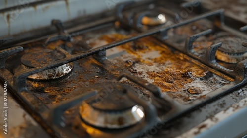 Grimy gas stove, with visible layers of grease and food debris, detailed and textured.