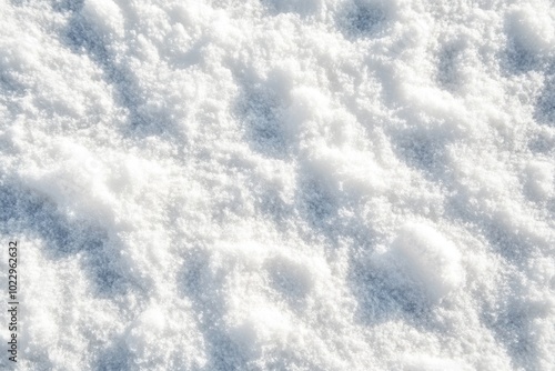 An image of prints on a white snowdrift sparkling from the sun, a sudden snowfall, a snowy background on the road with traces from a car wheel, a frosty climate, closeup.