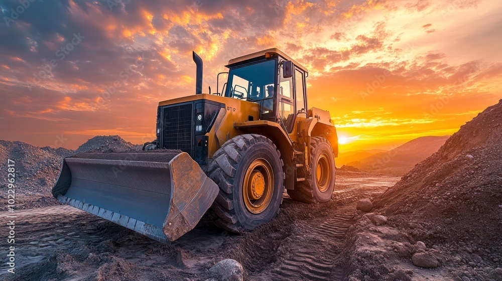 A yellow tractor with a large blade is parked on a dirt road at sunset. The sun is setting behind the tractor, casting a warm glow on the scene. A yellow tractor with a large blade is parked on a dirt road at sunset. The sun is setting behind the tractor, casting a warm glow on the scene.