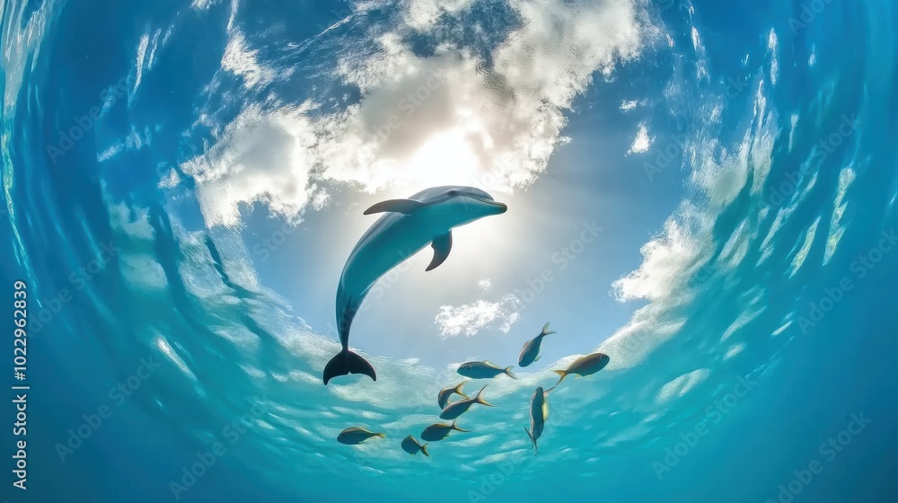Fototapeta premium Dolphin Swimming in Clear Ocean Water Under Clouds