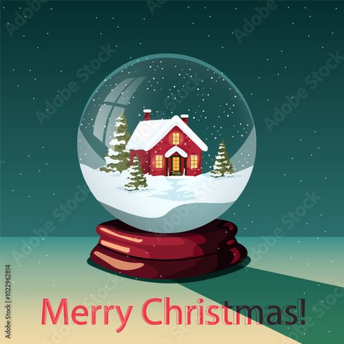 Merry Christmas! with a little house. This illustration shows a cozy red house covered in snow with a glowing interior, surrounded by snow-covered pine trees under a dark starry sky. The text "Merry C
