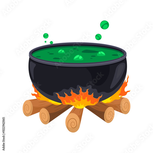 Vector of a pot of witch's green potion heated over a campfire