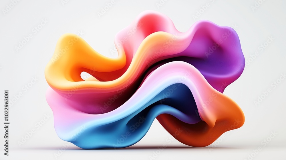 Colorful abstract wavy sculpture with fluid shapes and smooth texture, featuring a blend of vibrant gradient colors including yellow, orange, pink, purple, and blue. Colorful abstract wavy sculpture with fluid shapes and smooth texture, featuring a blend of vibrant gradient colors including yellow, orange, pink, purple, and blue.