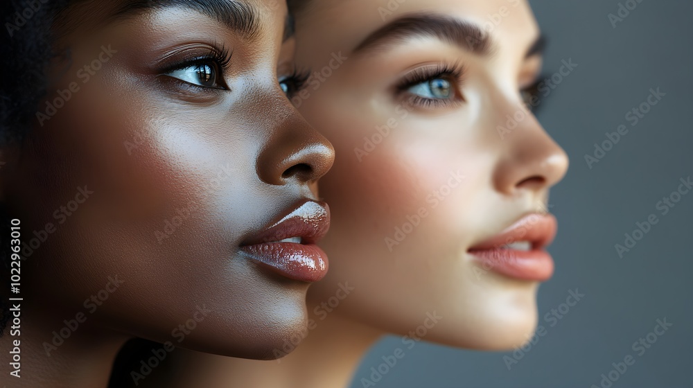 Close-up portrait of multiracial women, studio environment, clean grey backdrop, soft focus on faces, contemporary fashion styling, elegant, monochromatic tones, digital illustration Close-up portrait of multiracial women, studio environment, clean grey backdrop, soft focus on faces, contemporary fashion styling, elegant, monochromatic tones, digital illustration