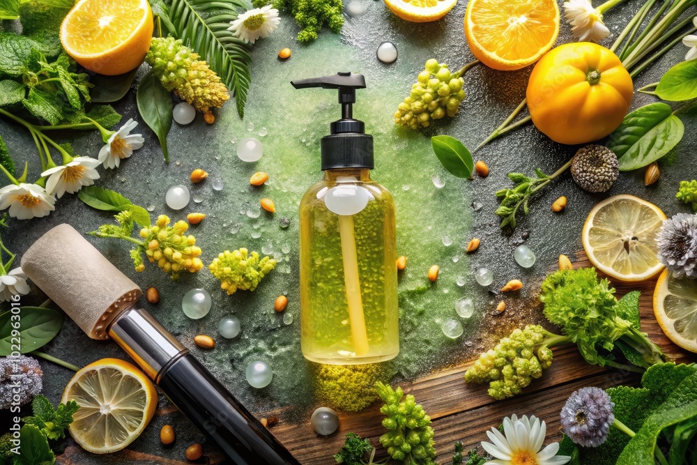 Refreshing Cleansing Gel in a Bottle Surrounded by Natural Ingredients and Spa Accessories on Surface Refreshing Cleansing Gel in a Bottle Surrounded by Natural Ingredients and Spa Accessories on Surface