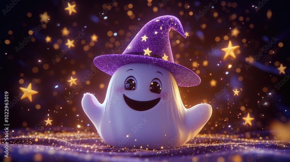 Fototapeta premium Happy white ghost with a purple witch hat in 3D cartoon style, surrounded by tiny stars and sparkles in a dark scene