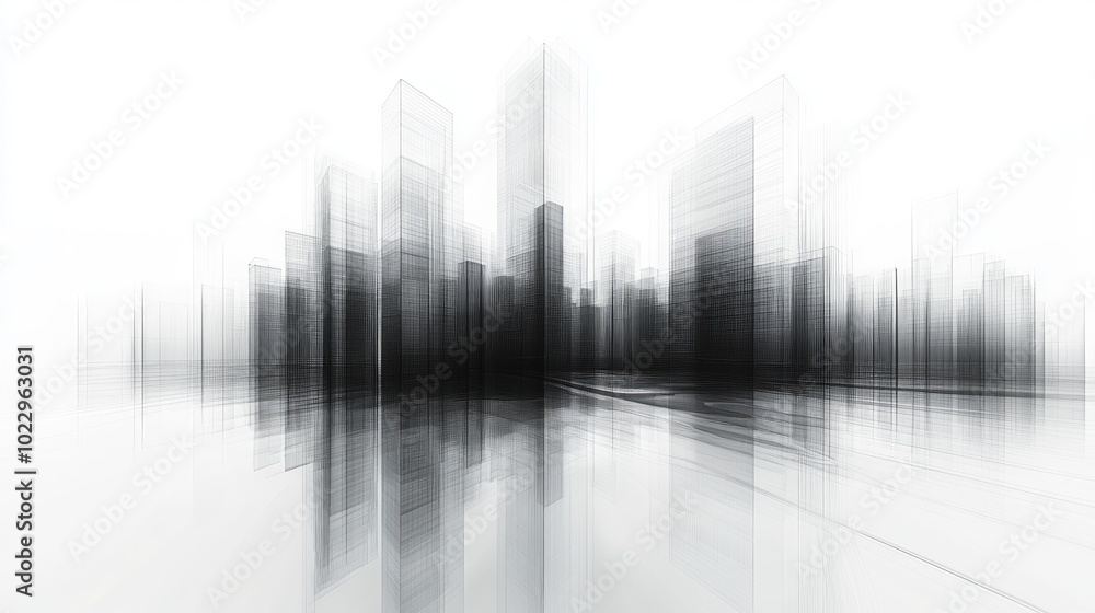 Abstract grayscale image of a city skyline with blurred buildings and a reflective surface. Abstract grayscale image of a city skyline with blurred buildings and a reflective surface.