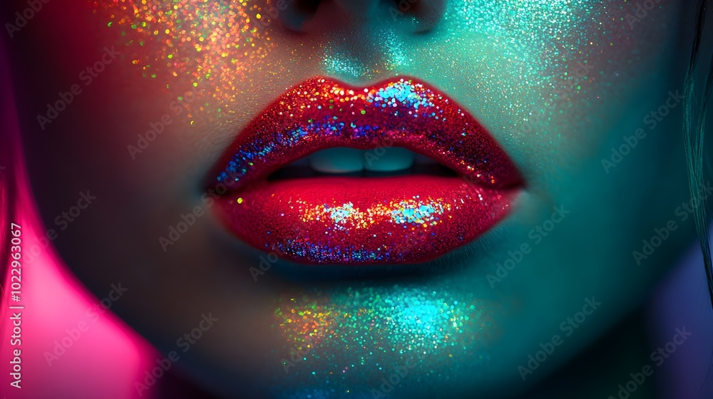 Obraz premium Bold red lips adorned with multi-colored glitter, reflecting light from vibrant green and pink neon lighting, dramatic close-up, intense details, high fashion, digital art