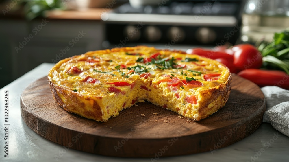 Homestyle egg frittata on a rustic board, bright veggies, against a cozy kitchen setting. Homestyle egg frittata on a rustic board, bright veggies, against a cozy kitchen setting.