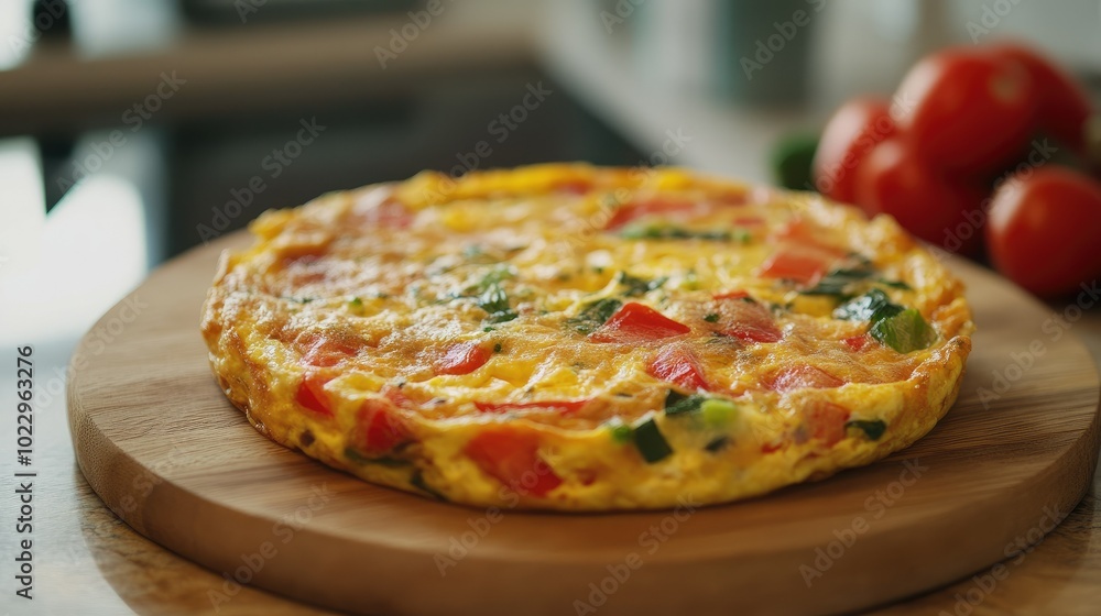 Homestyle egg frittata on a rustic board, bright veggies, against a cozy kitchen setting. Homestyle egg frittata on a rustic board, bright veggies, against a cozy kitchen setting.