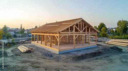 Aerial view of a new wooden frame house under construction against a blue sky with clouds.