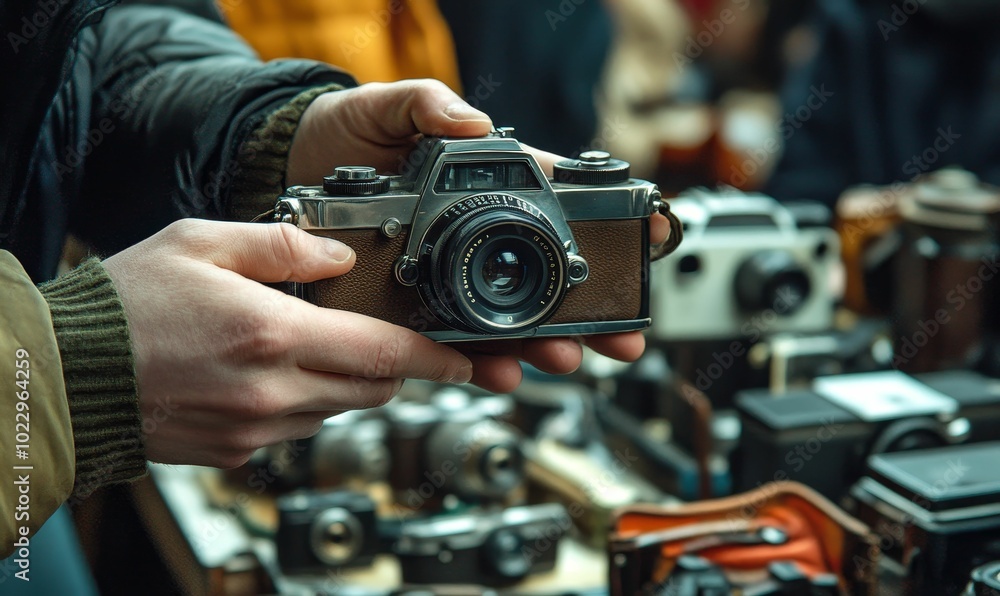 A person holds up an old camera, other cameras are A person holds up an old camera, other cameras are