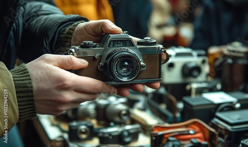 A person holds up an old camera, other cameras are