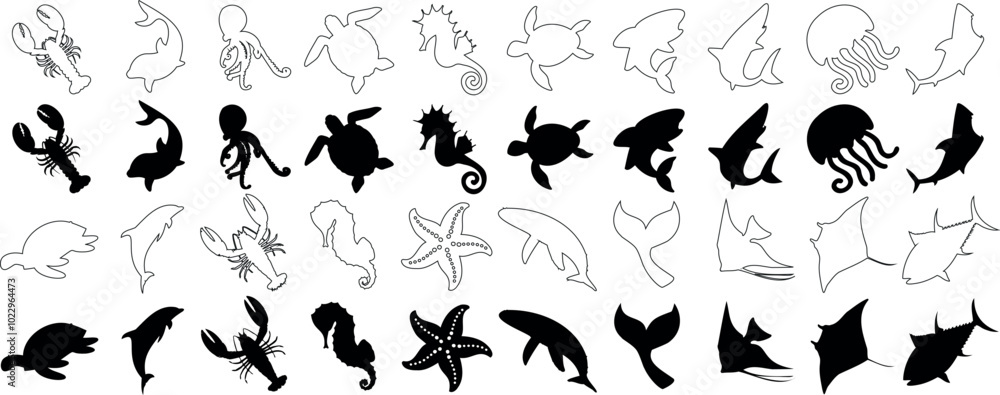 Ocean animal silhouette vector, sea creatures, marine life icons, including turtles, dolphins, whales, sharks, jellyfish, seahorses, starfish. Perfect for marine designs, tattoo stencils Ocean animal silhouette vector, sea creatures, marine life icons, including turtles, dolphins, whales, sharks, jellyfish, seahorses, starfish. Perfect for marine designs, tattoo stencils