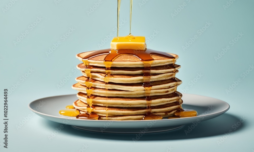 Stack of pancakes with butter and syrup being poured Stack of pancakes with butter and syrup being poured
