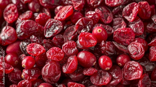 Close up of dried cranberries, red, shiny, with a few whole cranberries, natural, healthy.