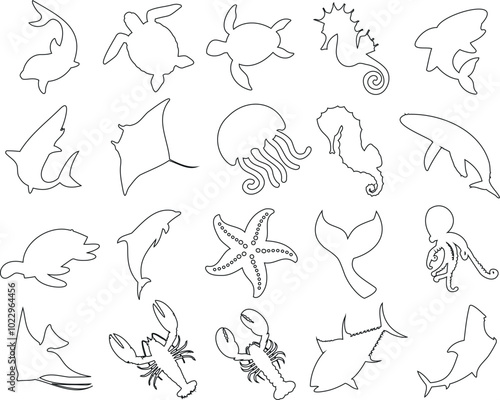 Marine animals line art illustration, sea creatures sketch,  fish, turtles, jellyfish, and octopus. Seahorse, stingray, lobster, and starfish perfect for ocean theme designs, logos, crafts