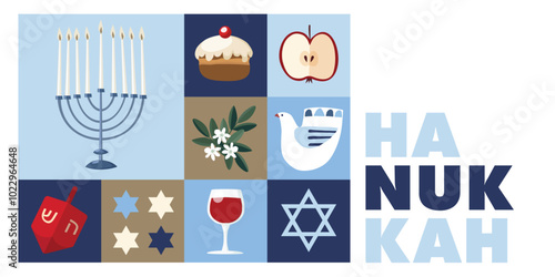 Happy Hanukkah, Hanukkah Sameach web banner. Geometric festive Jewish Holiday greeting card, invitation with chanukija candleholder, wine, dreidel toys. Doughnut, dove. Vector illustration background.