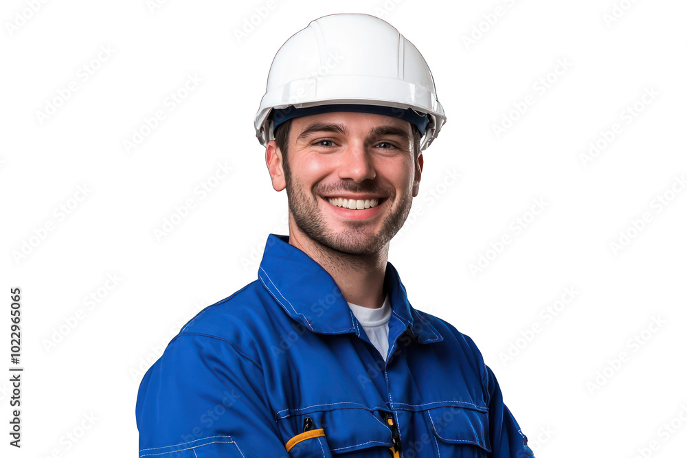 Joyful engineer in blue work clothes and safety helmet, transparent background portrait. Joyful engineer in blue work clothes and safety helmet, transparent background portrait.