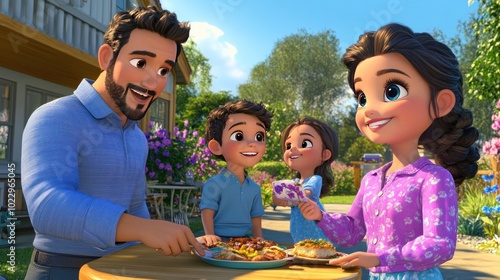 Wallpaper Mural A cheerful family enjoying a meal together outdoors in a vibrant setting. Torontodigital.ca