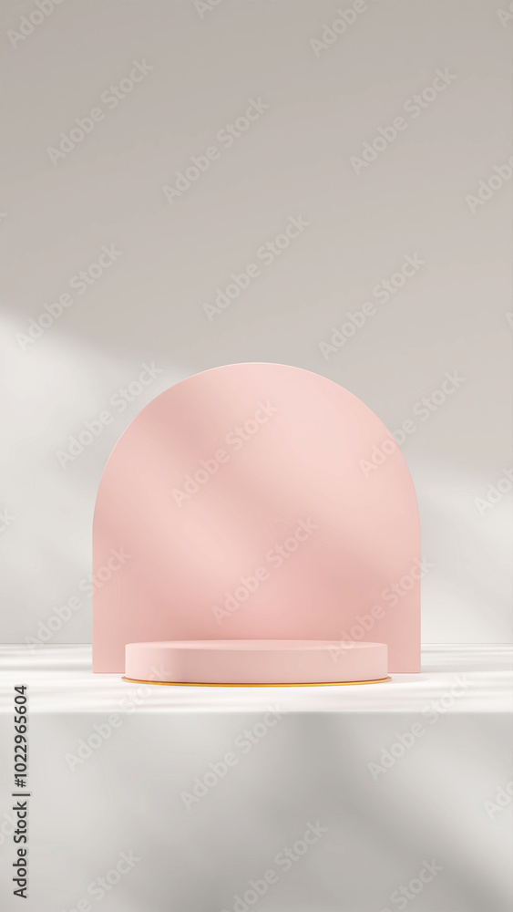 Fototapeta premium Minimal 3d rendering template mockup of pink podium with arch backdrop and white wall in portrait