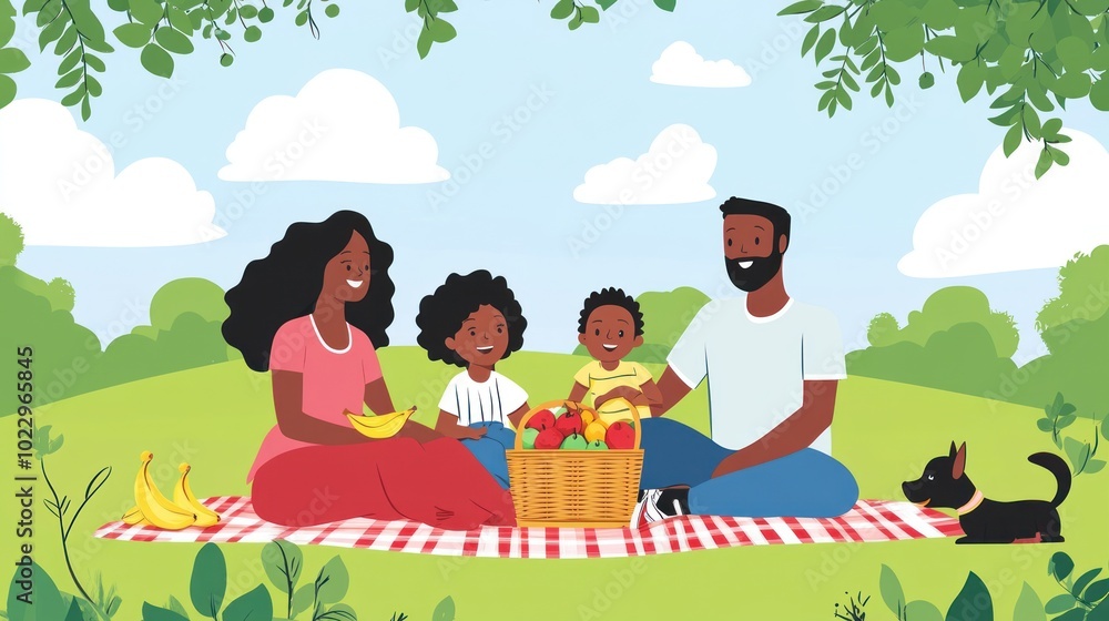 Fototapeta premium A family enjoys a picnic together on a blanket with fruits and a dog in a sunny park.