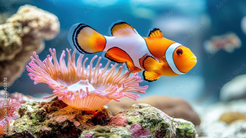 Fototapeta premium Colorful Clownfish Swimming Among Sea Anemones