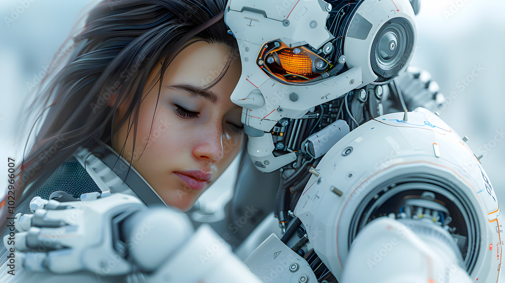 Cyborg robot and woman hugging together, futuristic cyber loving couple, romance with artificial intelligence Cyborg robot and woman hugging together, futuristic cyber loving couple, romance with artificial intelligence