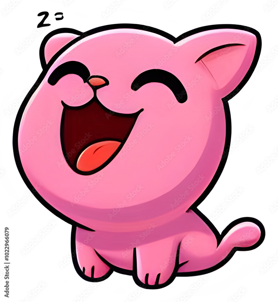 Fototapeta premium Cute pink cartoon cat laughing with joyful expression