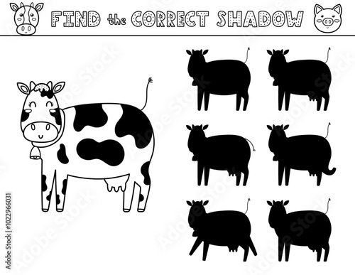Find the correct shadow black and white activity page for kids with a cute cow. Shadow matching game with a farm animal. Vector illustration