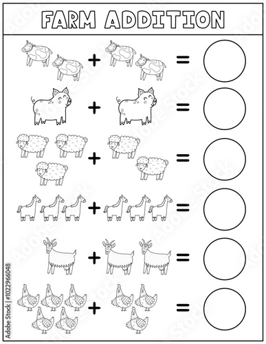 Black and white farm animals addition worksheet for kids. Math activity page in outline with cute farm characters. Calculate and write the result sheet for school and preschool. Vector illustration