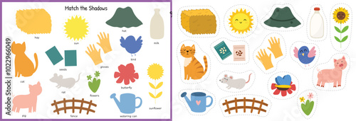 Cut and glue game with cute farm characters and objects. Educational activity page for kids. Matching game for school and preschool. Vector illustration