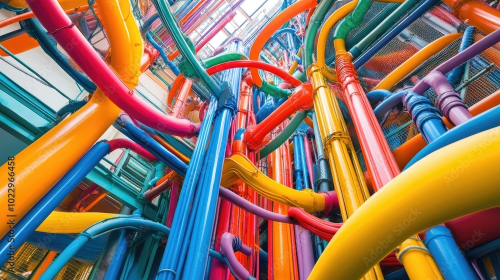 Multicolored cables, pipes, and wires tangled together, creating a maze-like, vibrant structure Multicolored cables, pipes, and wires tangled together, creating a maze-like, vibrant structure