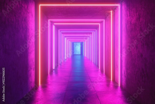 A neon lighted tunnel with pink, red, and blue lights, generative ai image