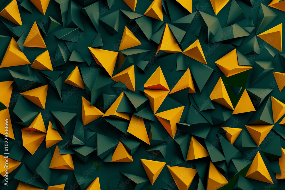 Backdrop with contemporary abstract design featuring layered yellow and green triangles and geometric shapes. Modern geometry background. front view. Digital 3D render. wallpaper with texture.