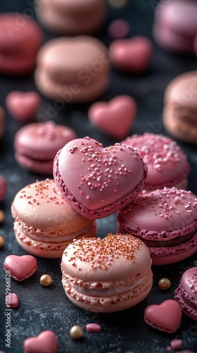 Pink macaron in shape of heart on pink and beige traditional macarons on the black vertical background with copy space wallpaper. 