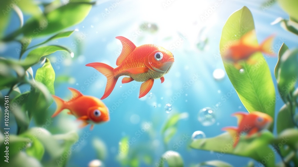 Vibrant Goldfish Swimming in Clear Blue Water Vibrant Goldfish Swimming in Clear Blue Water