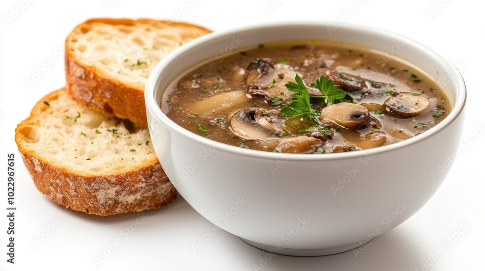 Closeup of a bowl of mushroom soup accompanied by seasoned bread isolated on a white background Closeup of a bowl of mushroom soup accompanied by seasoned bread isolated on a white background