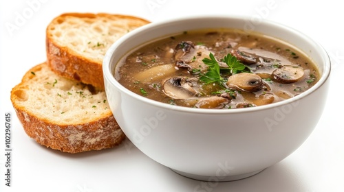 Closeup of a bowl of mushroom soup accompanied by seasoned bread isolated on a white background