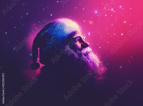 Silhouette of a Santa Claus made out of purple blue pink dots grid with a retro vibe.
