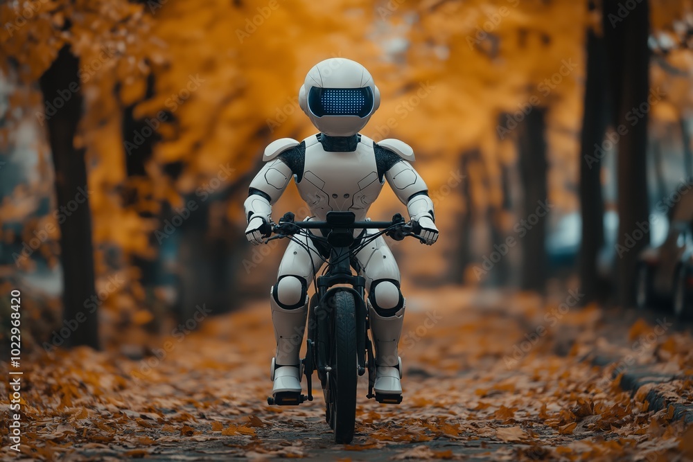 Robot Bicycle Rider Robot is riding a bike in a park. Happy humanoid robot rides a bicycle ...
