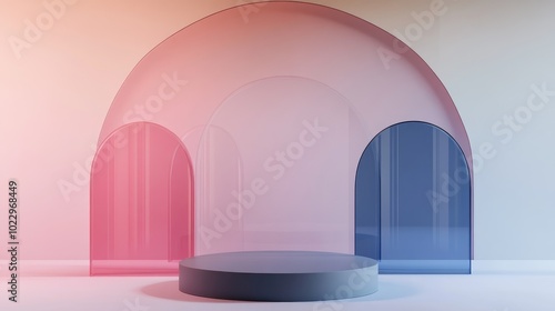 3D render featuring an abstract geometric background with translucent pink and blue glass arches A modern minimal showcase mockup showcasing a vacant pedestal and an empty podium for product displ photo