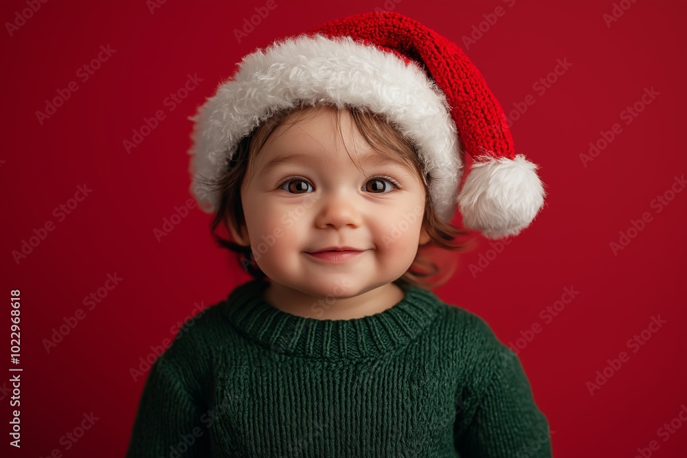 Young child wearing a green sweater and a red and white santa hat. The child is smiling. Happy toddler boy in a green sweater with a Santa hat for Christmas and New Year celebrations Young child wearing a green sweater and a red and white santa hat. The child is smiling. Happy toddler boy in a green sweater with a Santa hat for Christmas and New Year celebrations
